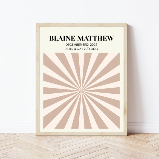 Printable, Personalized Baby Birth Stats Wall Art Template - Sun Ray Theme Theme - &nbsp;Customizable Baby Birth Stats Announcement
