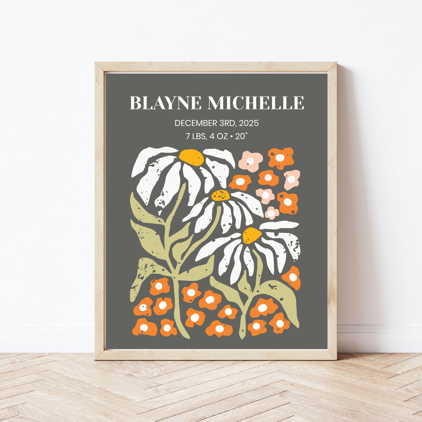 Personalized Baby Birth Stats Wall Art Sign - Wildflower Daisies Template