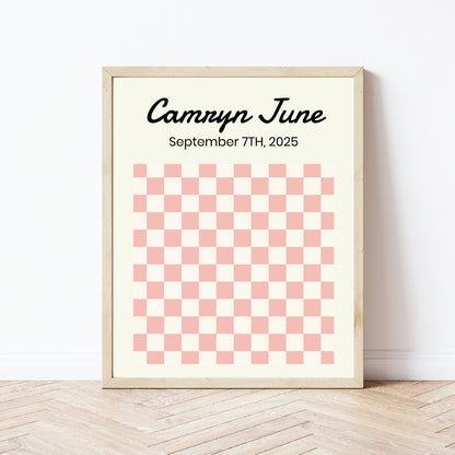 Personalized Baby Birth Stats Wall Art Sign - Pink Checkered Template