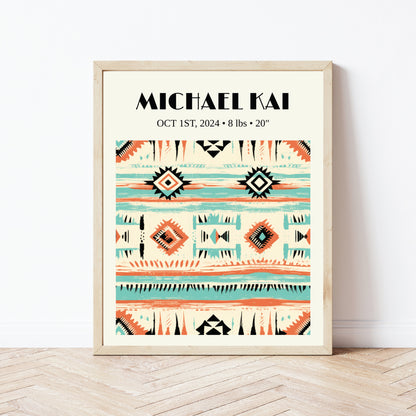 Personalized Baby Birth Stats Wall Art Sign Template - Printable Boho Tribal Aztec Sign