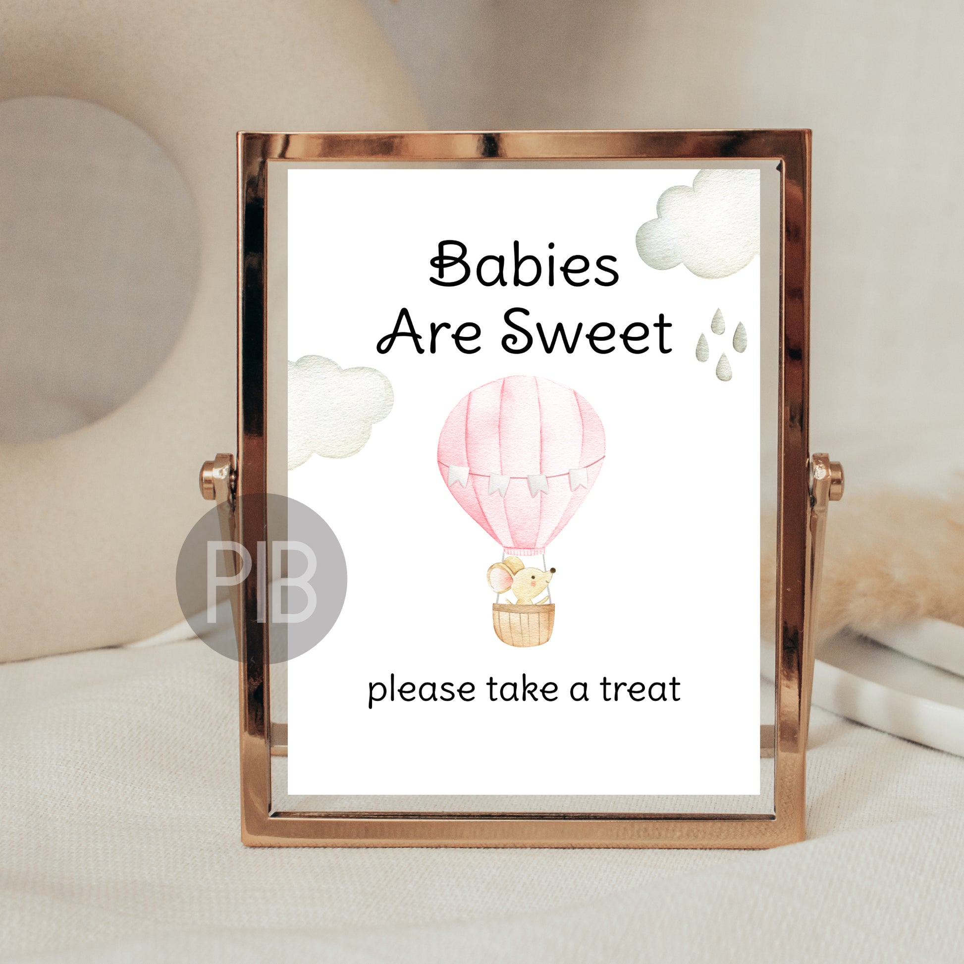 printable baby shower favor sign, pink hot air balloon theme
