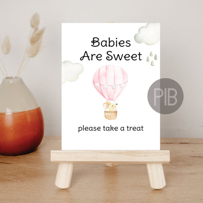 printable baby shower favor sign, pink hot air balloon theme