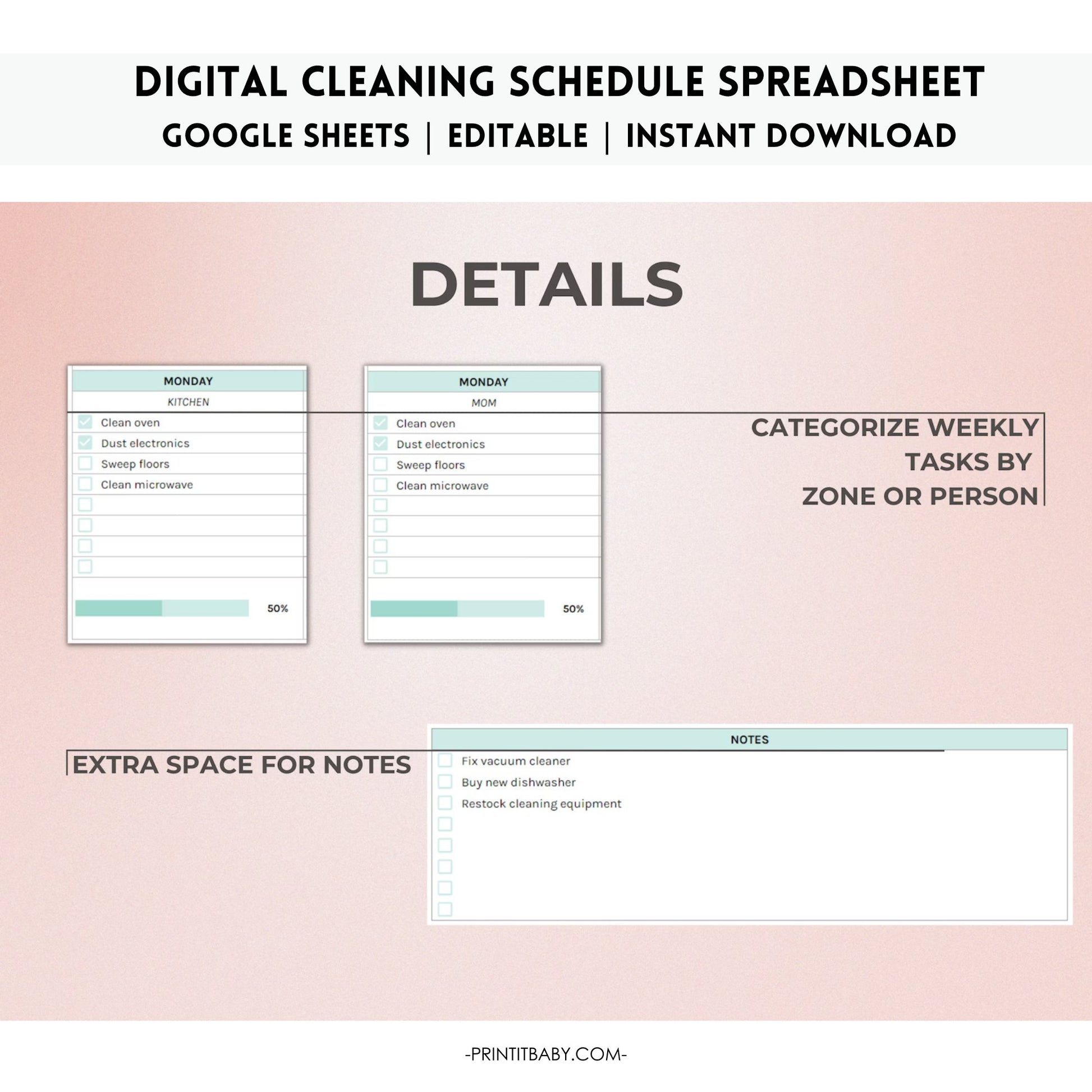 Digital Cleaning Planner Spreadsheet: Unleash Your Tidiest Life with our Editable Cleaning Planner - Print It Baby