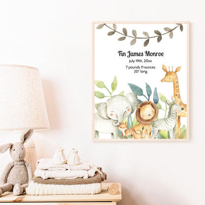 personalized baby nursery birth stats sign template, jungle animals theme