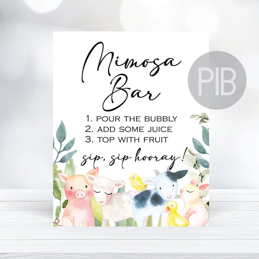 Printable Mimosa Bar Sign - Baby Farm Animals - Customize, Digital Download