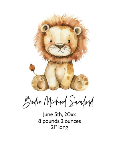 Printable Baby Lion Nursery Wall Art - Customize With Baby Birth Stats Announcement - Print It Baby