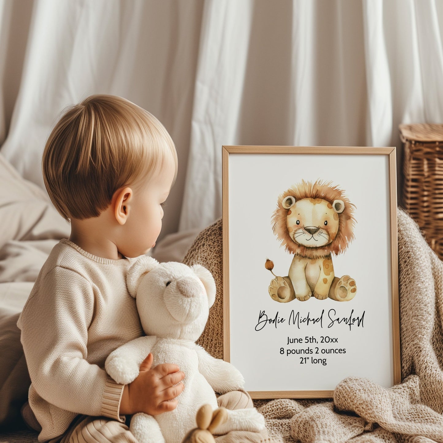 Printable Baby Lion Nursery Wall Art - Customize With Baby Birth Stats Announcement - Print It Baby