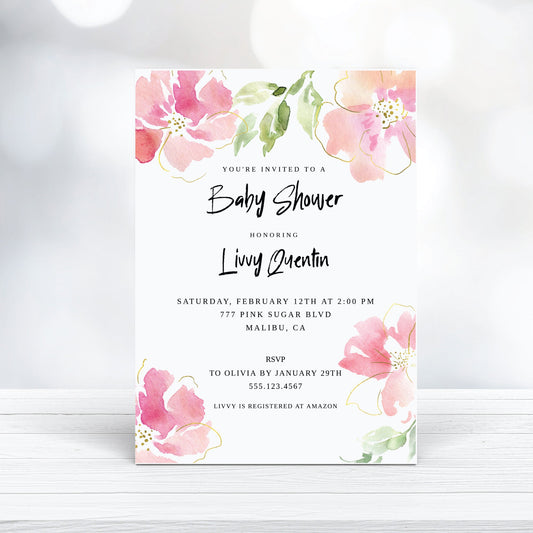 Printable Baby Shower Invitation - Customizable Pink & Gold Floral, Girl Baby Shower Invitation Template Instant Download - Print It Baby