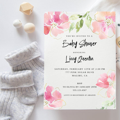 Printable Baby Shower Invitation - Customizable Pink & Gold Floral, Girl Baby Shower Invitation Template Instant Download - Print It Baby