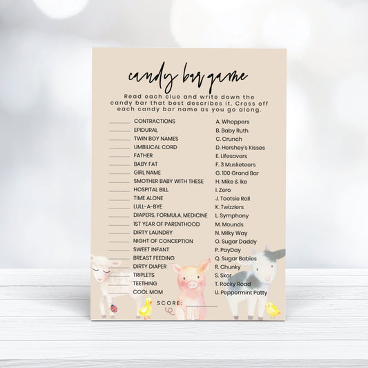 Printable Farm Animals Baby Shower Candy Bar Game - Customizable, Digital Download - Print It Baby