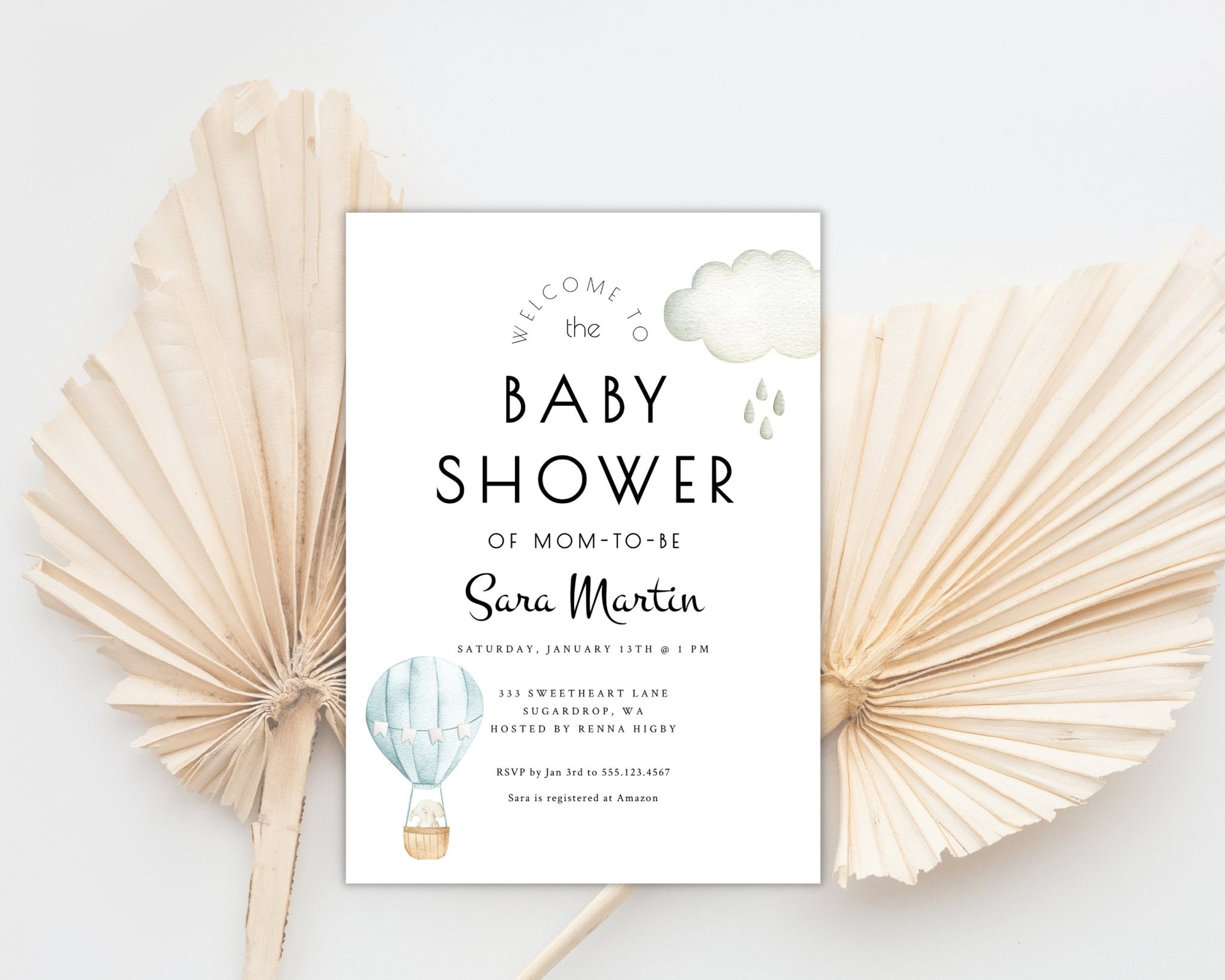 Printable Hot Air Balloon Baby Shower Invitation - Customizable Blue, Boy Baby Shower Invitation Template Instant Download - Print It Baby