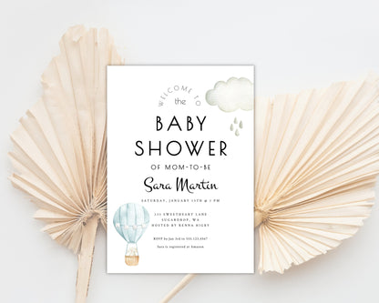Printable Hot Air Balloon Baby Shower Invitation - Customizable Blue, Boy Baby Shower Invitation Template Instant Download - Print It Baby
