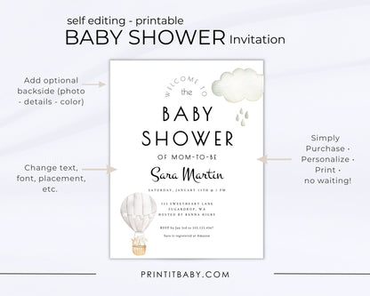 Printable Hot Air Balloon Baby Shower Invitation - Customizable Gray, Gender Neutral Baby Shower Invitation Template Instant Download - Print It Baby