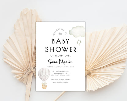 Printable Hot Air Balloon Baby Shower Invitation - Customizable Gray, Gender Neutral Baby Shower Invitation Template Instant Download - Print It Baby
