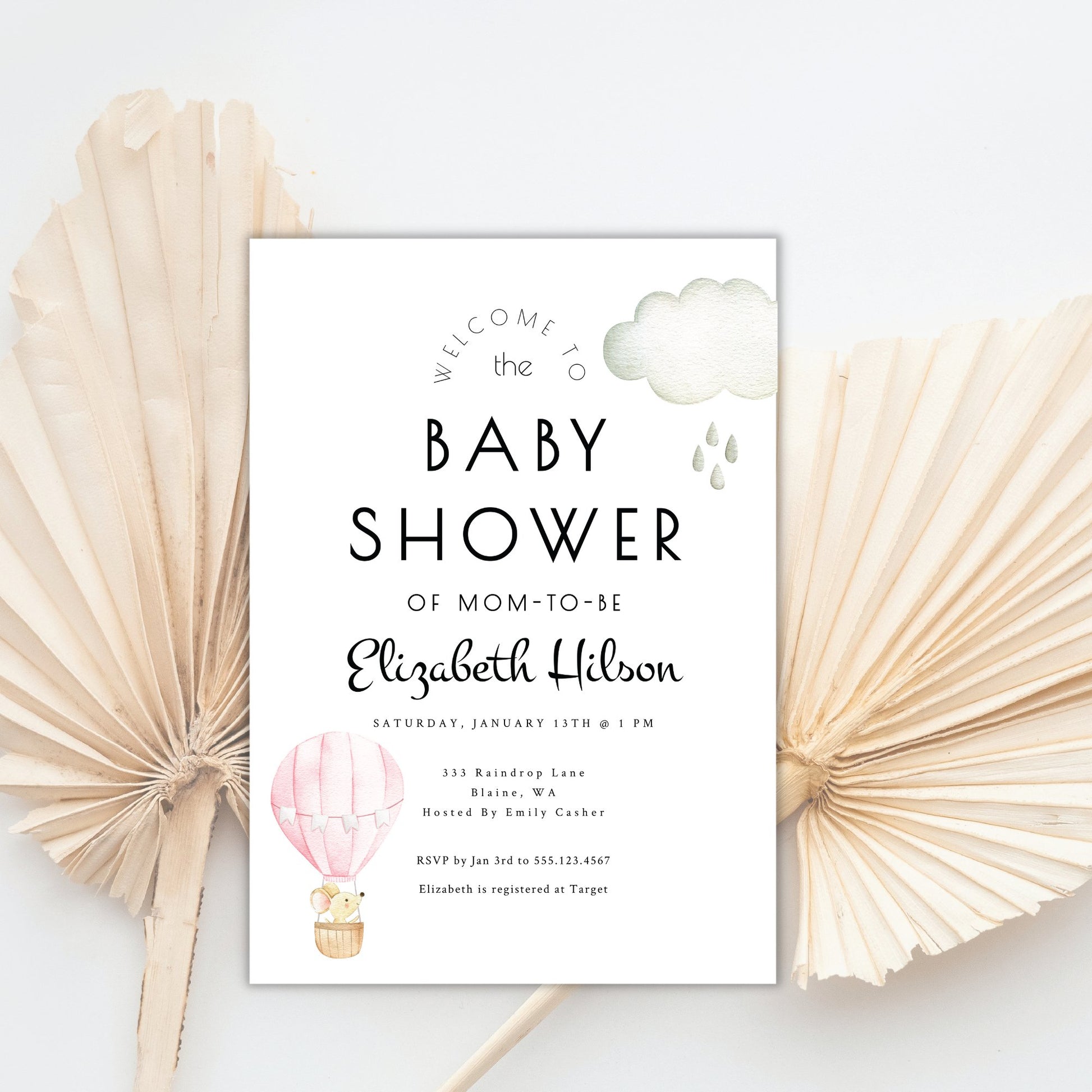 Printable Hot Air Balloon Baby Shower Invitation - Customizable Pink, Girl Baby Shower Invitation Template Instant Download - Print It Baby