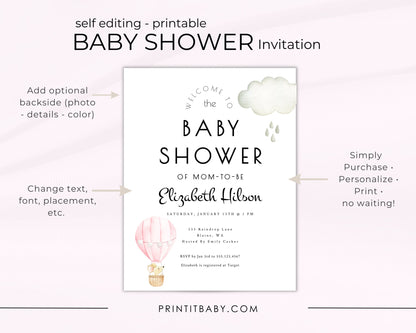 Printable Hot Air Balloon Baby Shower Invitation - Customizable Pink, Girl Baby Shower Invitation Template Instant Download - Print It Baby