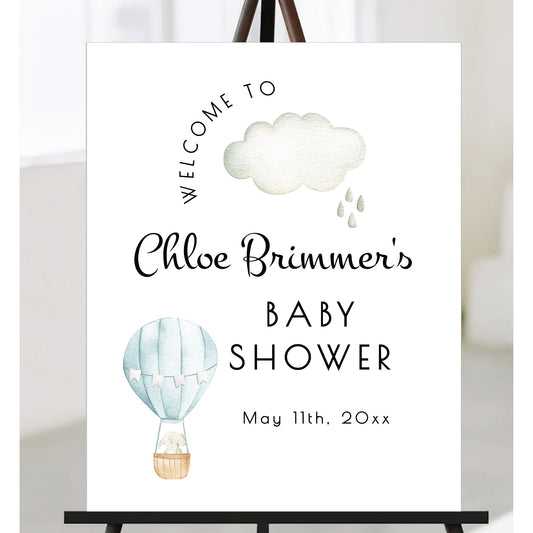 Printable Hot Air Balloon Baby Shower Welcome Sign - Customizable Blue, Baby Shower Sign Template 18x24" - Print It Baby