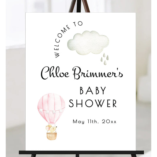 Printable Hot Air Balloon Baby Shower Welcome Sign - Customizable Pink, Baby Shower Sign Template 18x24" - Print It Baby
