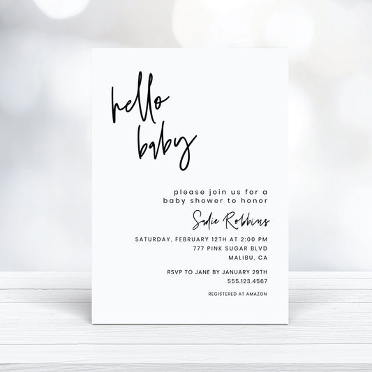 Printable, Minimalist Baby Shower Invitation - Customizable, Hello Baby Invitation Template, Instant Download - Print It Baby