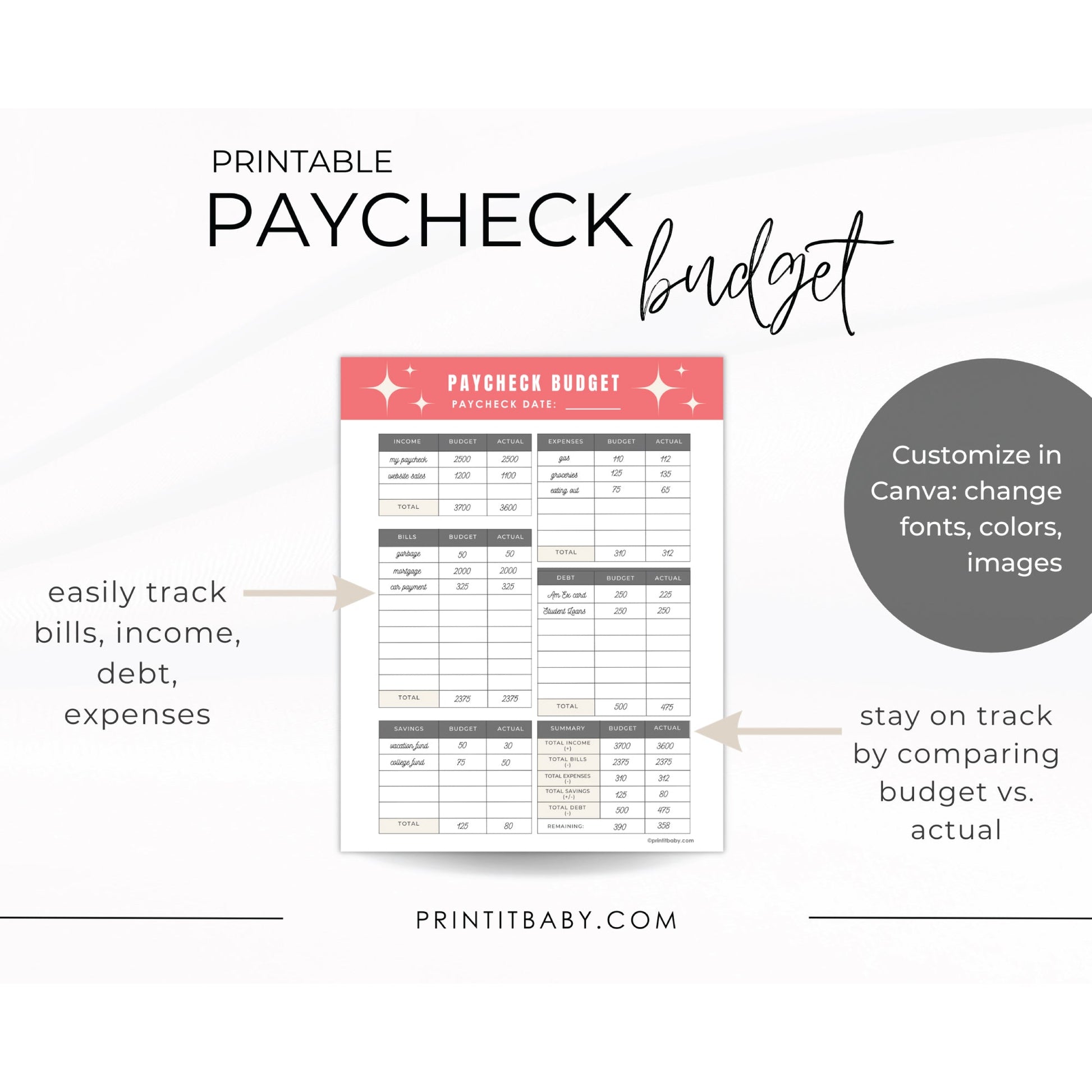 Printable Paycheck Budget Sheet Template - Budget Planner Sheet - 8.5x11" - Print It Baby