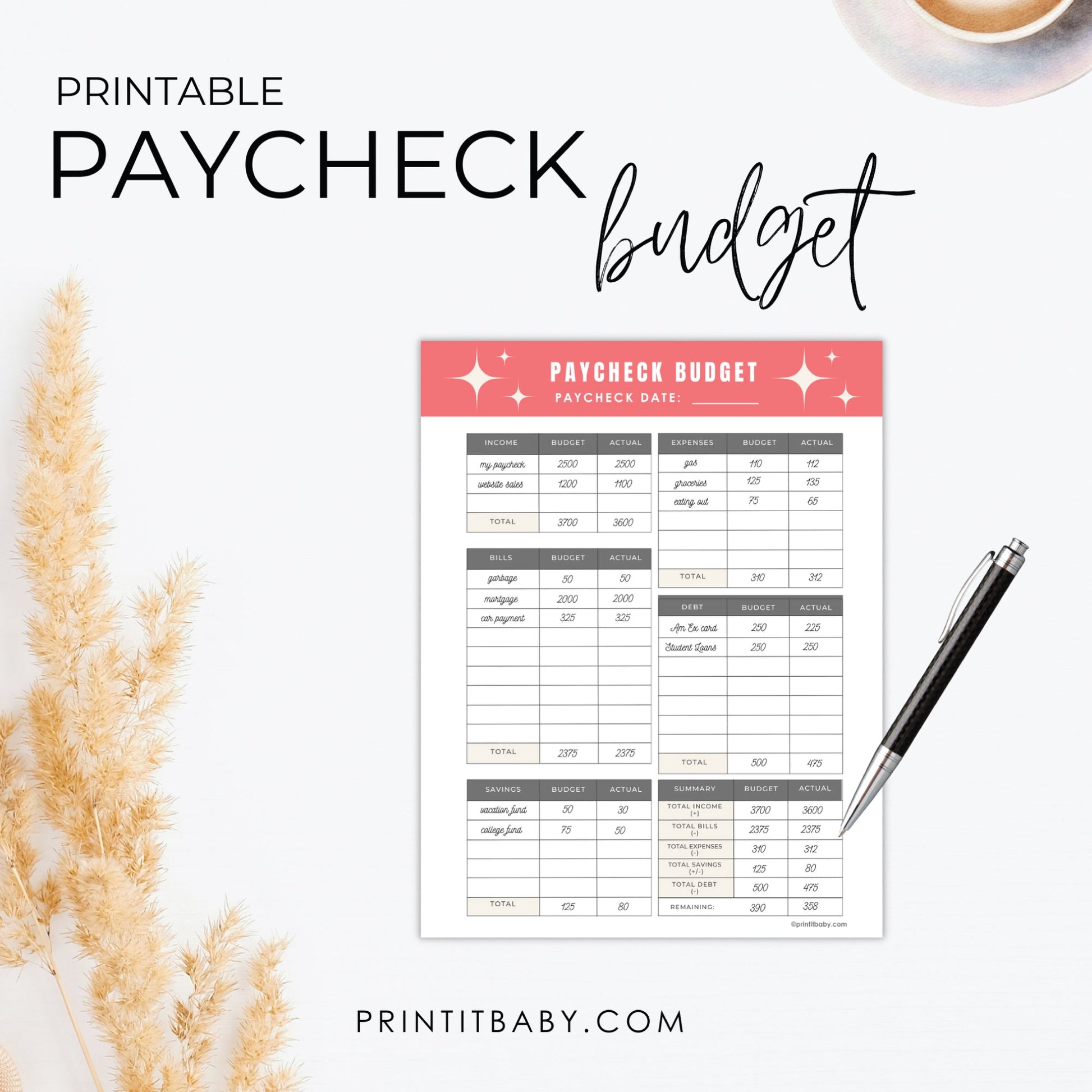 Printable Paycheck Budget Sheet Template - Budget Planner Sheet - 8.5x11" - Print It Baby