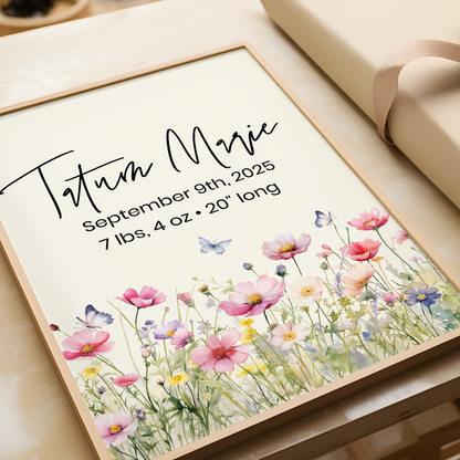Printable, Personalized Baby Birth Stats Wall Art Template - Wildflower Theme - &nbsp;Customizable Baby Birth Stats Announcement