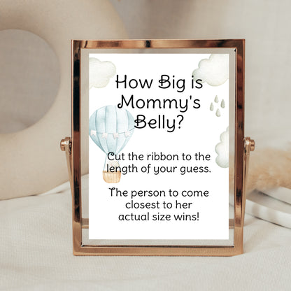 How Big Is Mommy's Belly, Boy Baby Shower Game Sign, Blue Hot Air Balloon