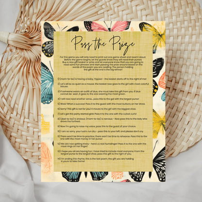 Editable, Printable Pass The Prize Baby Shower Game, Butterfly Theme