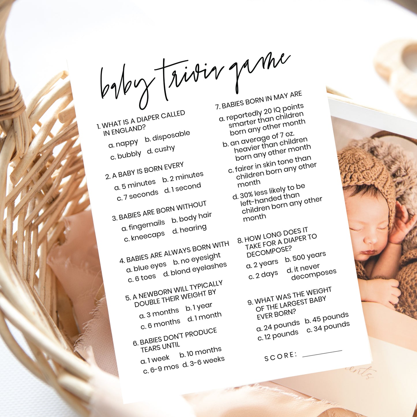 Printable Baby Trivia Game - Minimalist Baby Shower Game - Customizable