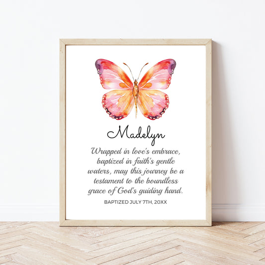Personalized Baby Baptism Wall Art - Watercolor Butterfly