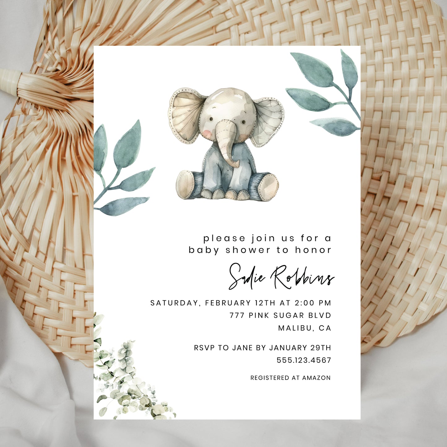 jungle elephant baby shower invitation