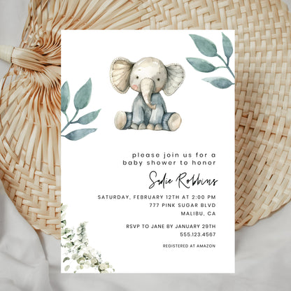 jungle elephant baby shower invitation