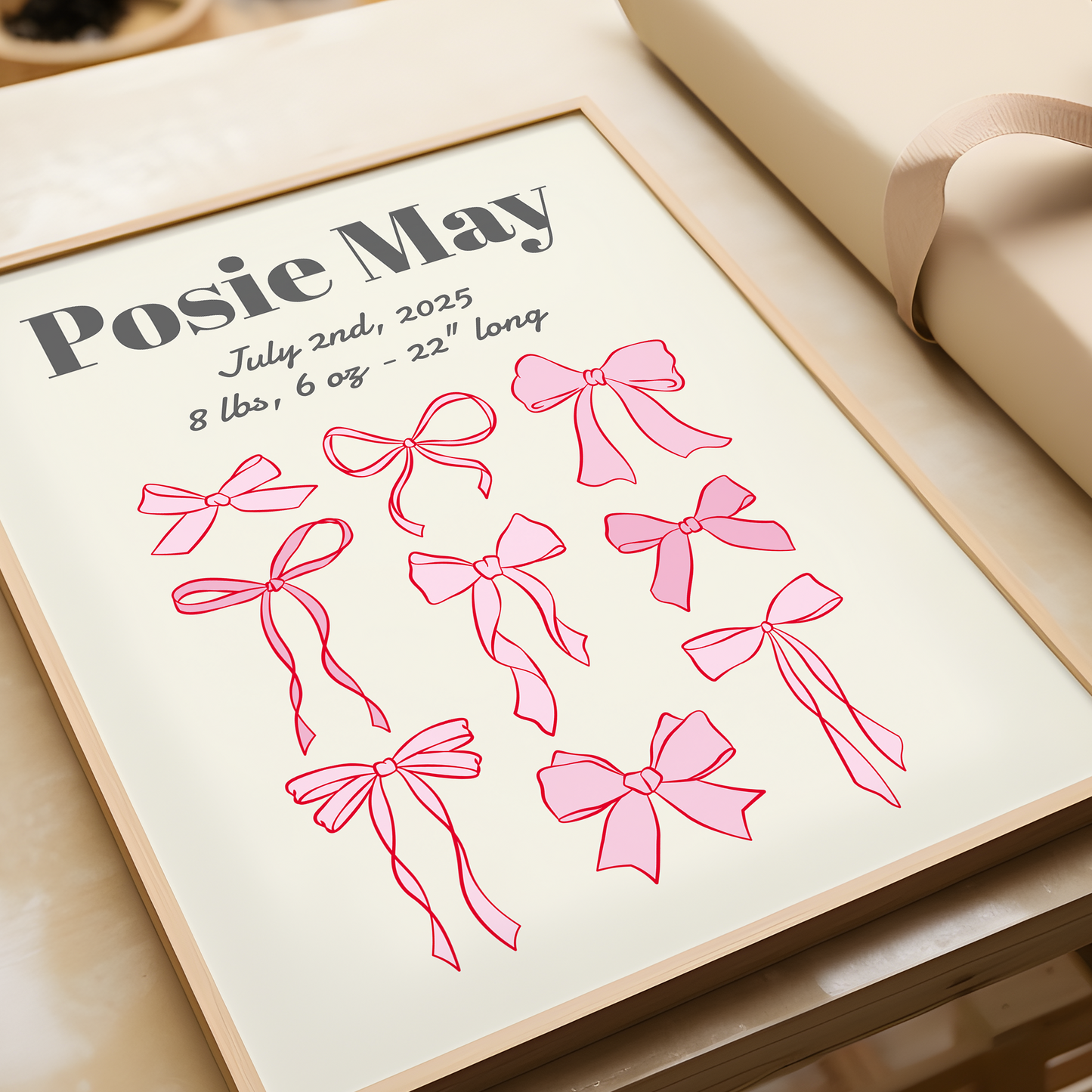 Printable, Personalized Baby Birth Stats Wall Art Template - Pink Coquette Bows Theme - &nbsp;Customizable Baby Birth Stats Announcement. 