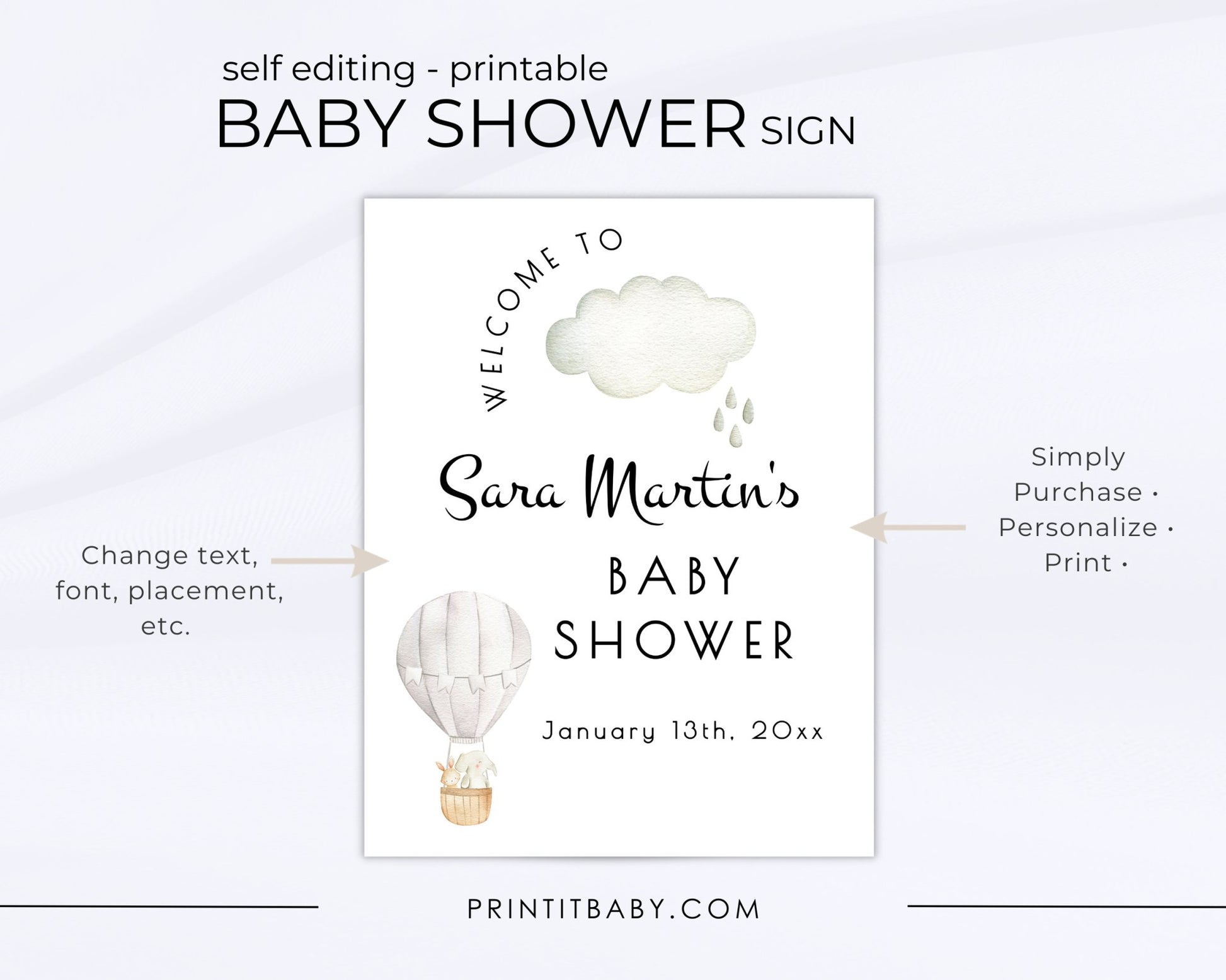 Printable Hot Air Balloon Baby Shower Welcome Sign - Customizable Gray, Gender Neutral Baby Shower Sign Template 18x24" - Print It Baby