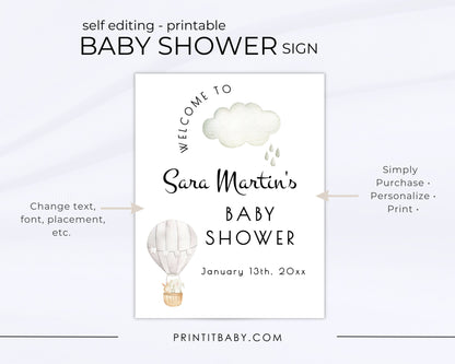 Printable Hot Air Balloon Baby Shower Welcome Sign - Customizable Gray, Gender Neutral Baby Shower Sign Template 18x24" - Print It Baby