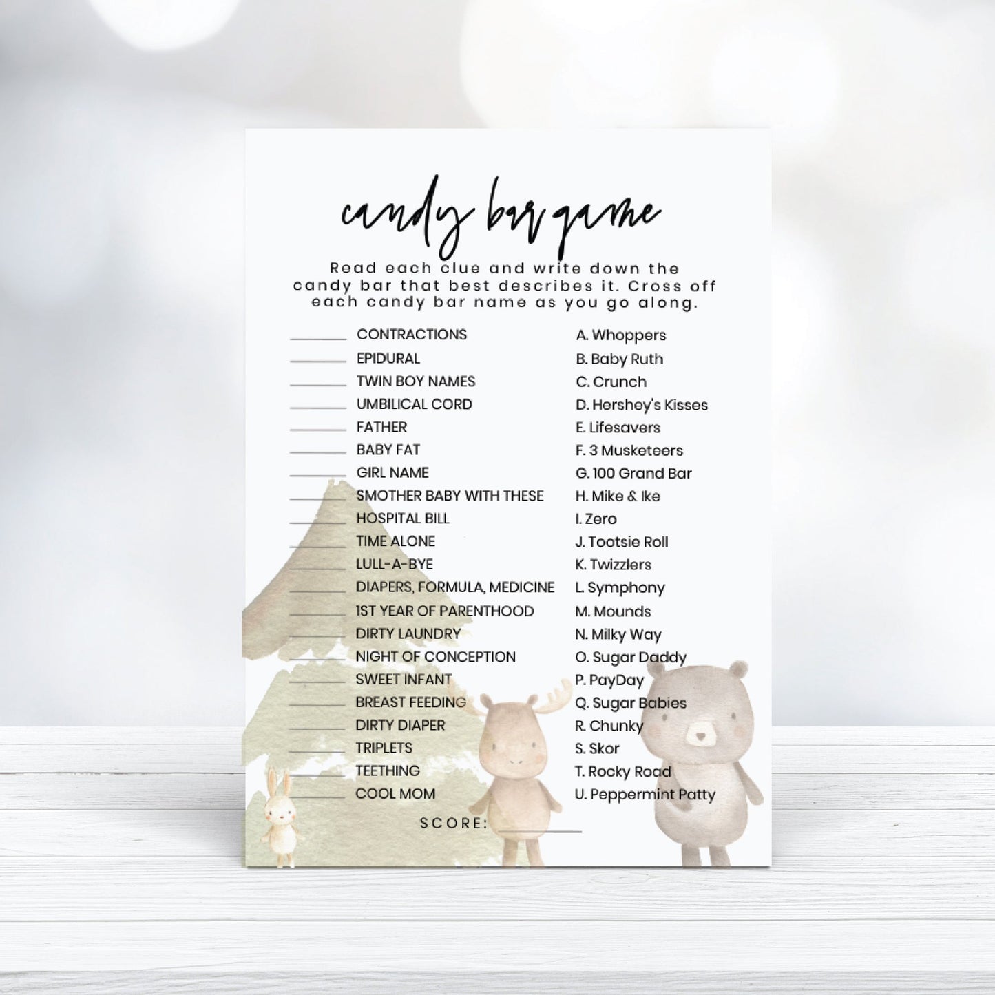 Printable Woodland Animals Baby Shower Candy Bar Game - Customizable, Digital Download - Print It Baby