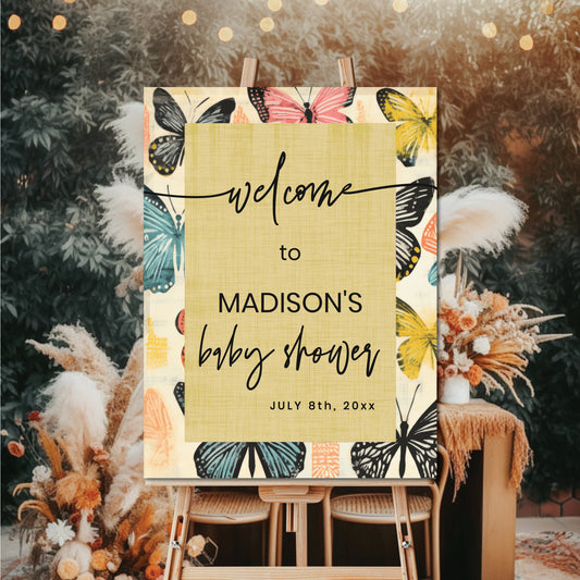Baby Shower Welcome Sign - Customizable Butterfly Baby Shower Sign Template 18x24"